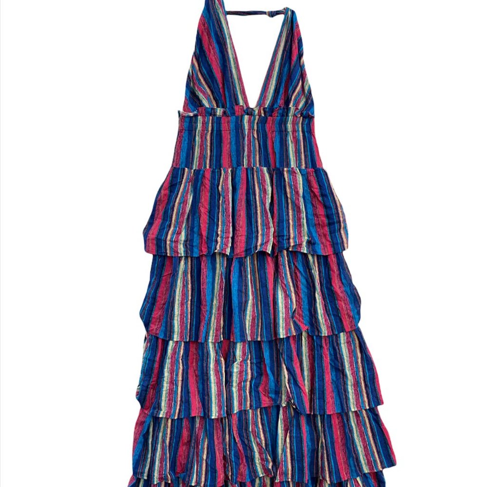 J. Brooks Boutique Woman's XXL Maxi Halter Dress Stripe Ruffles Tie Back New